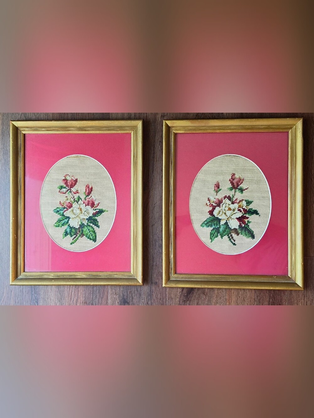 Vintage Wall Hanging Floral Cross Stitch Art Pair 13.5x16.5 Set of 2 Rose Pink